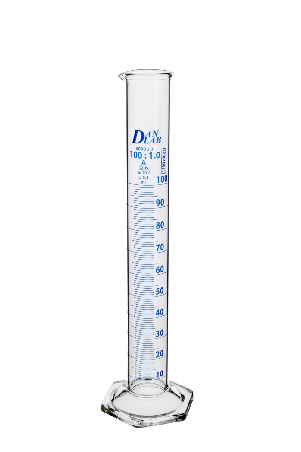 Obrazek Cylinder miarowy z podstawą sześciokątną 100 ml klasa A skala niebieska, certyfikat serii