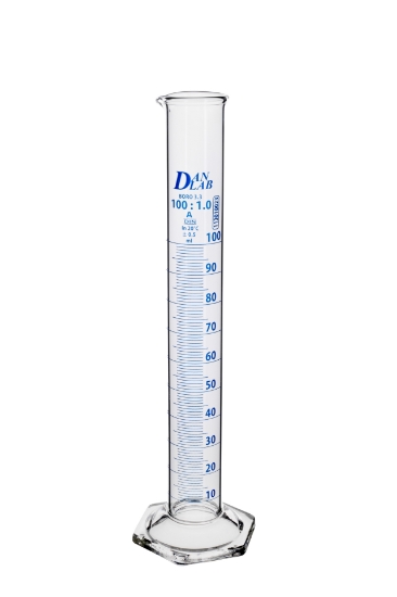 Obrazek Cylinder miarowy z podstawą sześciokątną 100 ml klasa A skala niebieska, certyfikat serii
