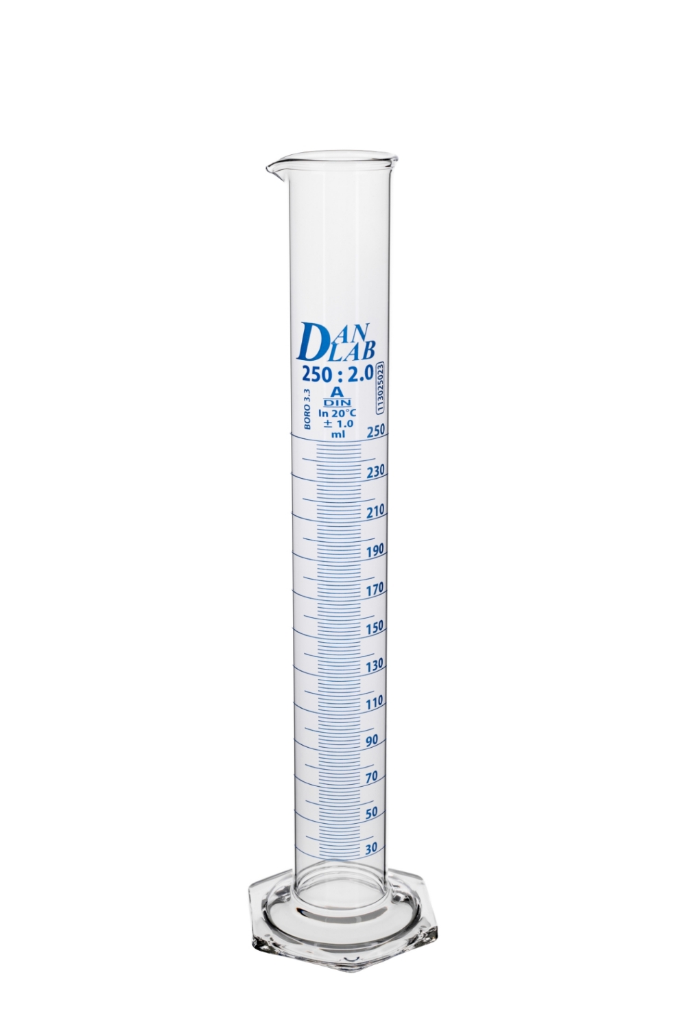 Obrazek Cylinder miarowy z podstawą sześciokątną 250 ml klasa A skala niebieska, certyfikat serii