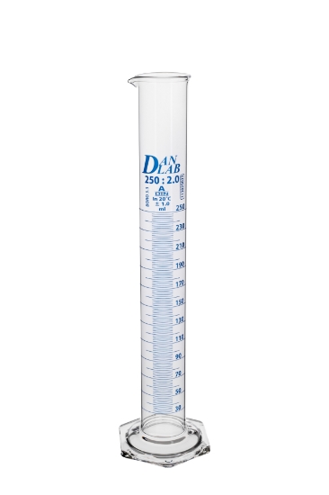 Obrazek Cylinder miarowy z podstawą sześciokątną 250 ml klasa A skala niebieska, certyfikat serii