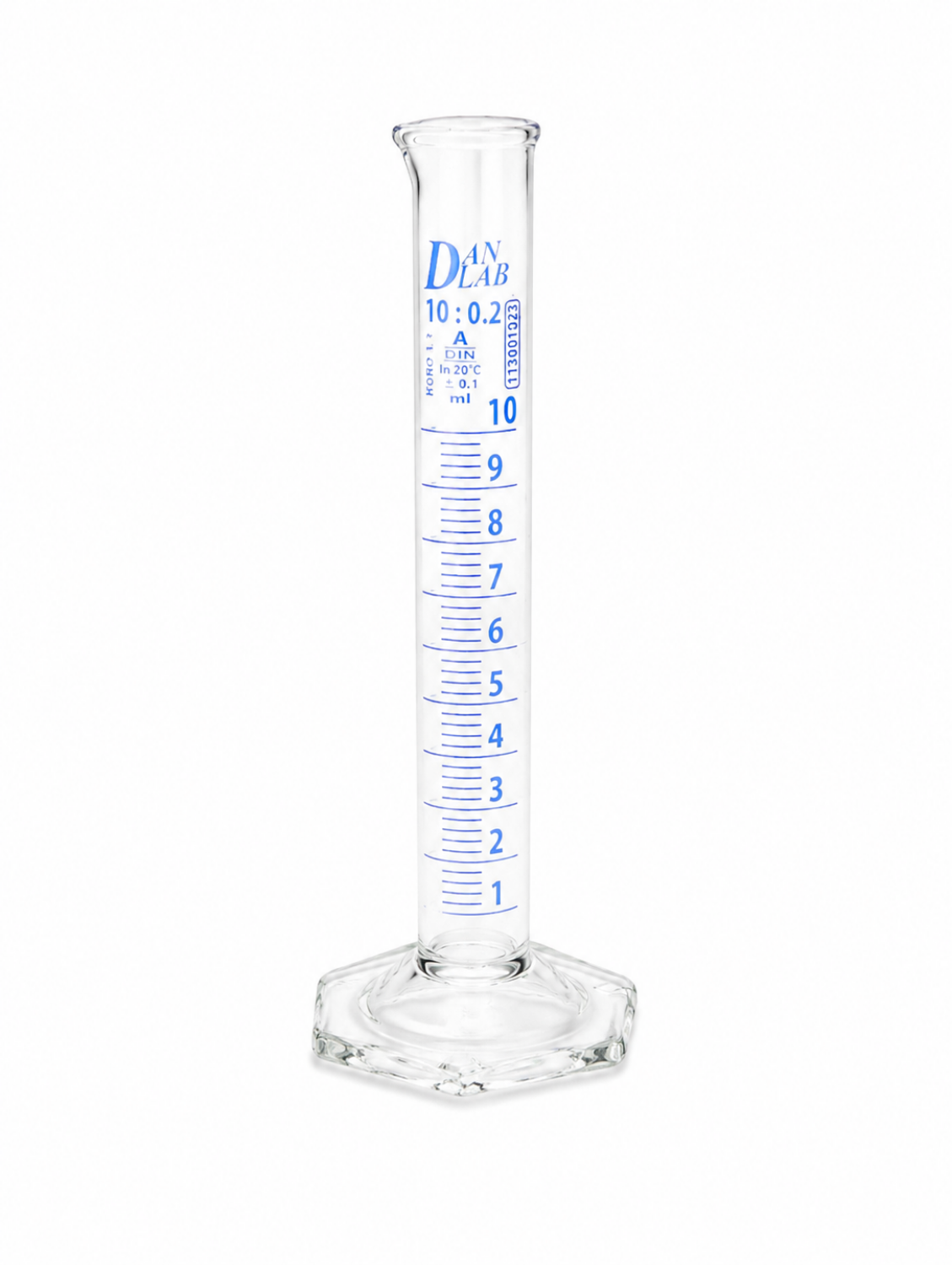 Obrazek Cylinder miarowy z sześciokątną podstawą, klasa A, z certyfikatem serii, niebieska skala, 10 ml