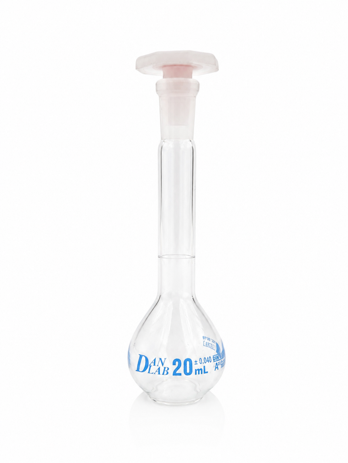 Obrazek Kolba miarowa klasy A, z certyfikatem serii, korkiem z PP, niebieską skalą, szlif 10/19, 20 ml