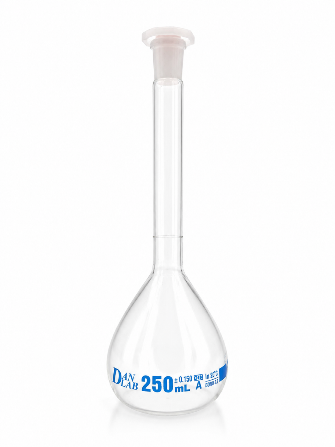 Obrazek Kolba miarowa klasy A, z certyfikatem serii, korkiem z PP, niebieską skalą, szlif 14/23, 250 ml