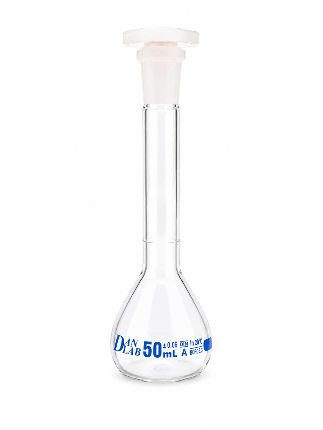 Obrazek Kolba miarowa klasy A, z certyfikatem serii, korkiem z PP, niebieską skalą, szlif 14/23, 50 ml