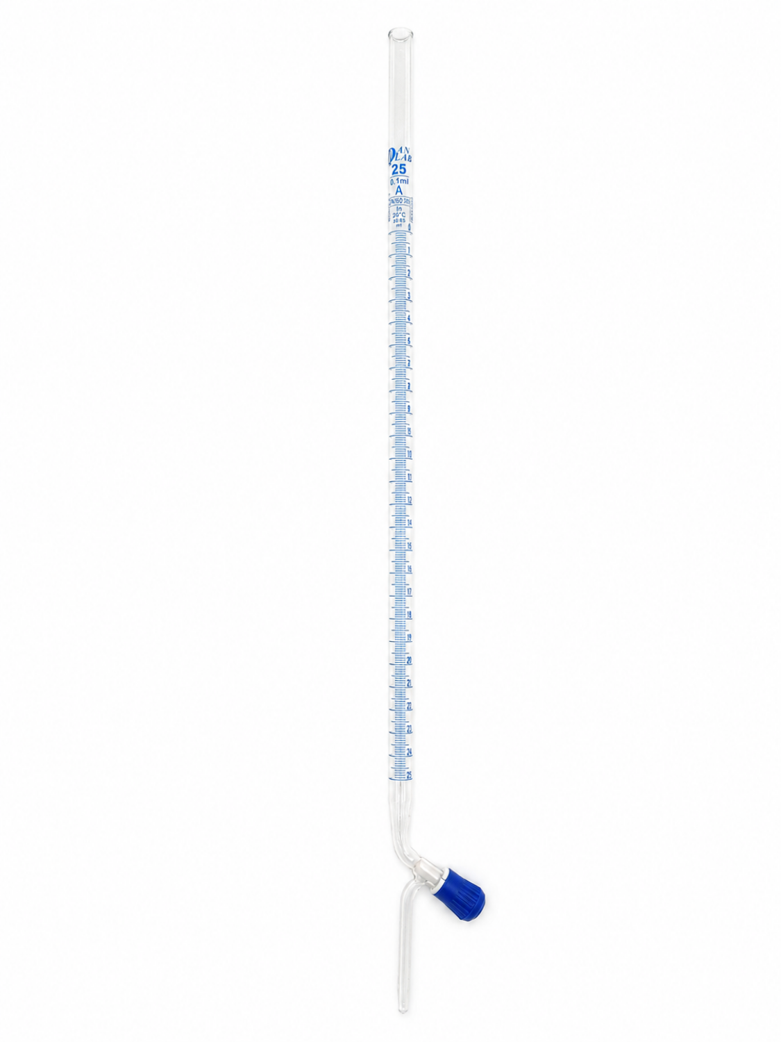 Obrazek Biureta klasy A z zaworem iglicowym PTFE (kranik Rotaflow), z certyfikatem serii, 25 ml