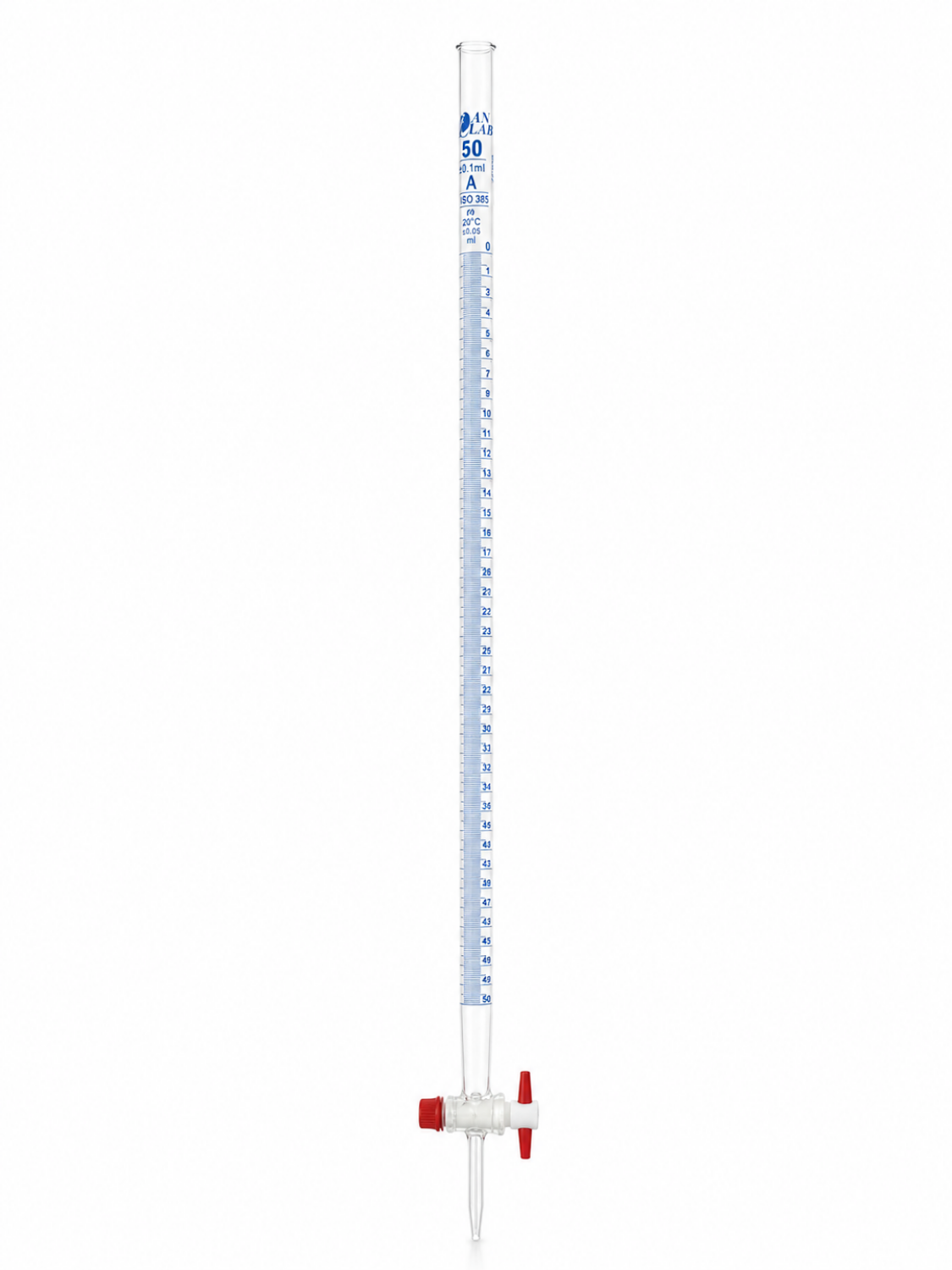 Obrazek Biureta klasy A, z kranikiem PTFE, z certyfikatem serii, 50 ml