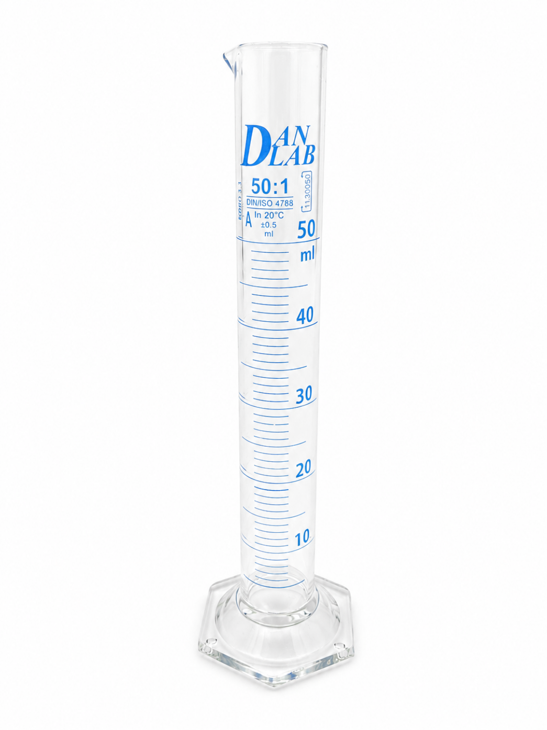 Obrazek Cylinder miarowy z sześciokątną podstawą, klasa A, z certyfikatem serii, niebieska skala, 50 ml