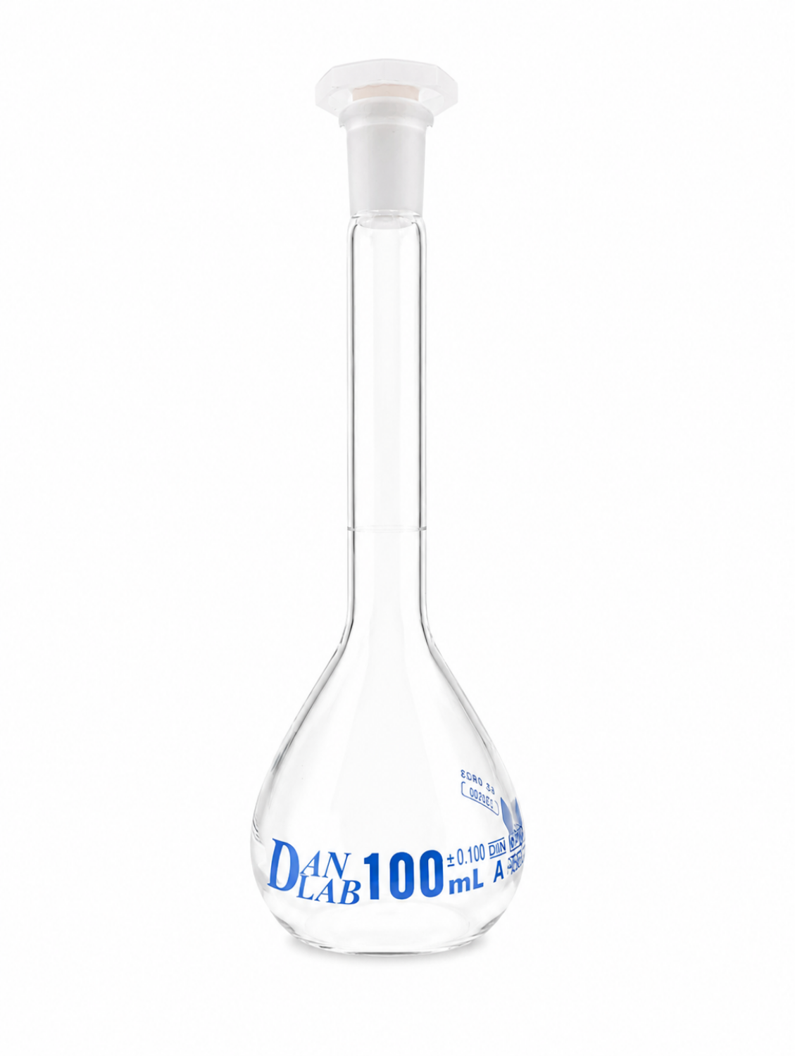 Obrazek Kolba miarowa klasy A, z certyfikatem serii, korkiem z PP, niebieską skalą, szlif 14/23, 100 ml