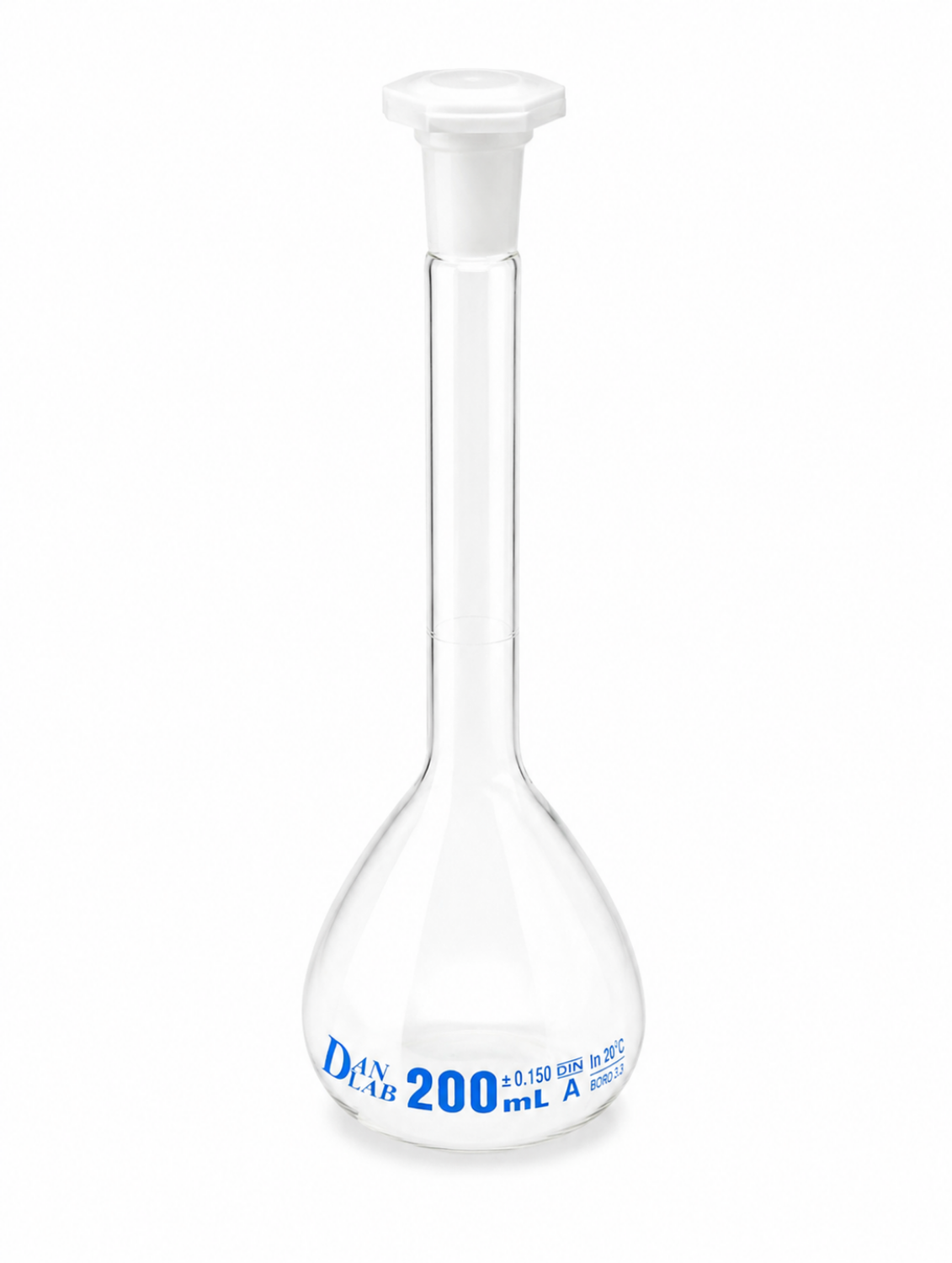 Obrazek Kolba miarowa klasy A, z certyfikatem serii, korkiem z PP, niebieską skalą, szlif 14/23, 200 ml