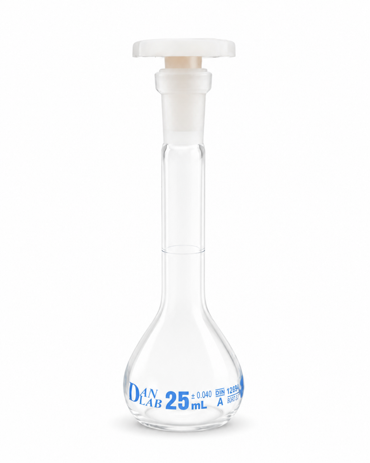 Obrazek Kolba miarowa klasy A, z certyfikatem serii, korkiem z PP, niebieską skalą, szlif 10/19, 25 ml