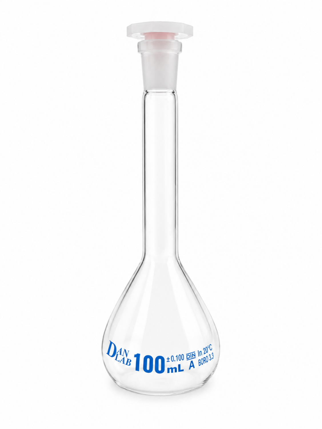 Obrazek Kolba miarowa klasy A, z certyfikatem serii, korkiem z PP, niebieską skalą, szlif 12/21, 100 ml