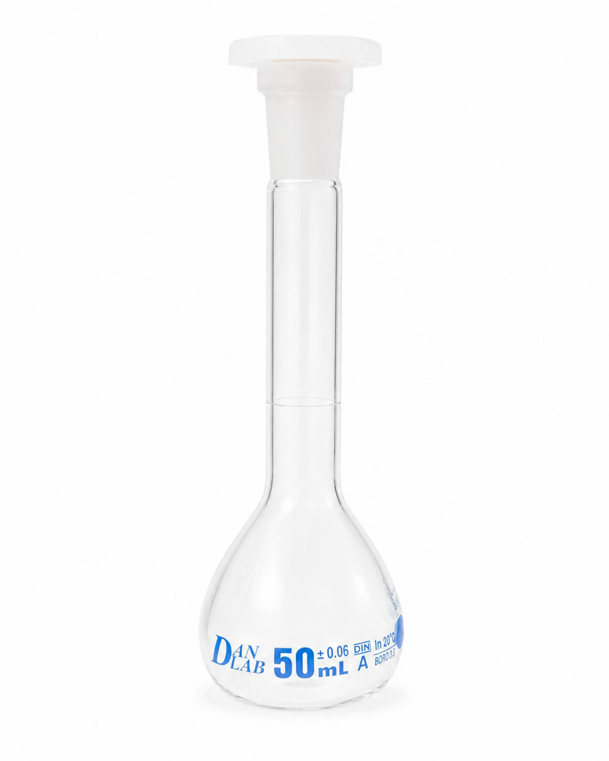 Obrazek Kolba miarowa klasy A, z certyfikatem serii, korkiem z PP, niebieską skalą, szlif 12/21, 50 ml