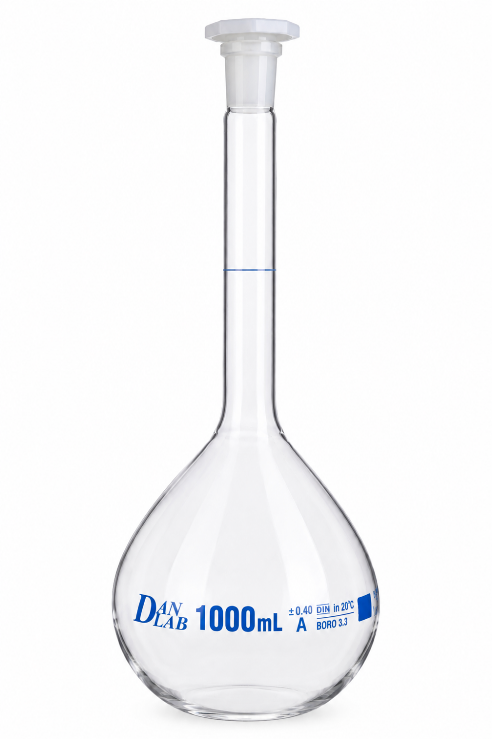 Obrazek Kolba miarowa klasy A, z certyfikatem serii, korkiem z PP, niebieską skalą, szlif 24/29, 1000 ml